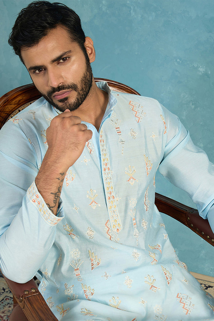 Silk Blend Blue Solid Embroidered Calf Length Straight Kurta MKU2141