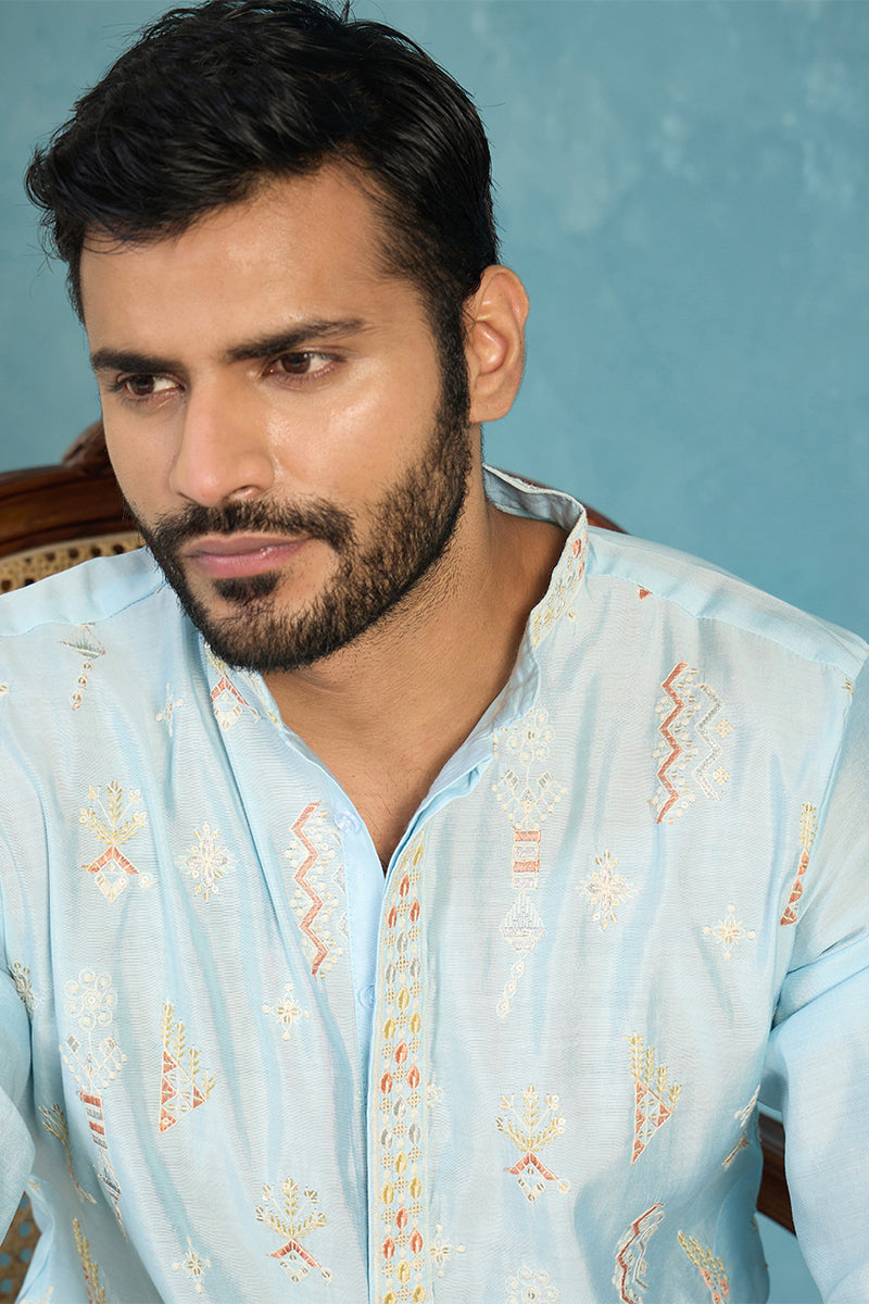 Silk Blend Blue Solid Embroidered Calf Length Straight Kurta MKU2141