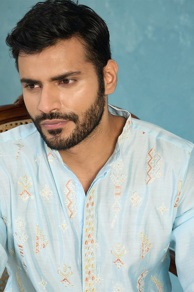 Silk Blend Blue Solid Embroidered Calf Length Straight Kurta MKU2141