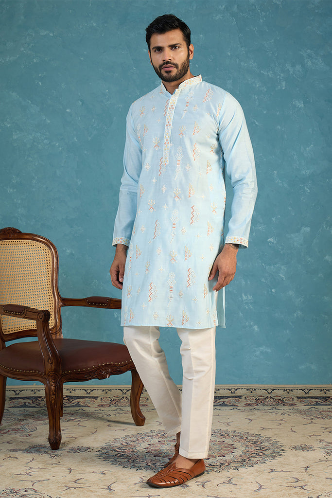 Silk Blend Blue Solid Embroidered Calf Length Straight Kurta MKU2141