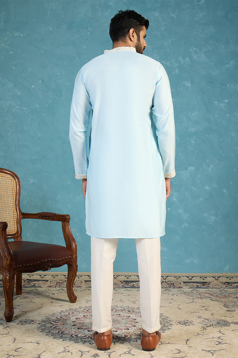 Silk Blend Blue Solid Embroidered Calf Length Straight Kurta MKU2141