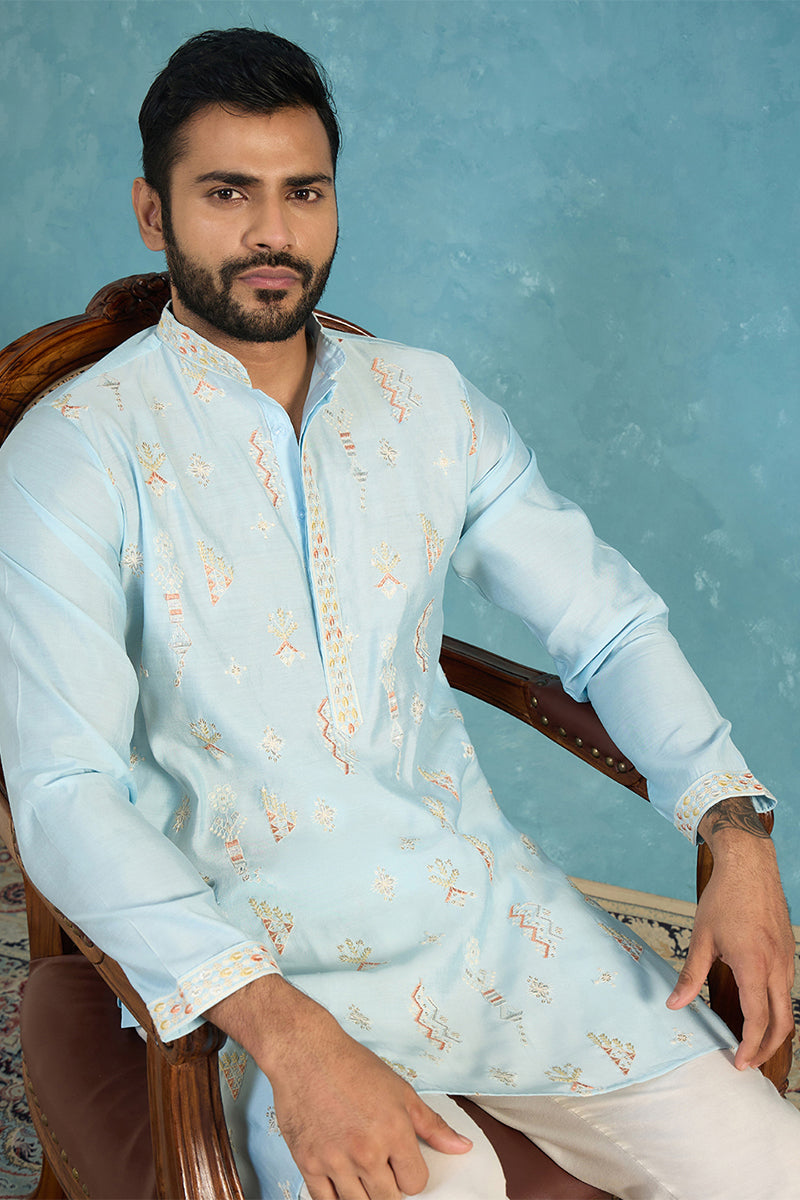 Silk Blend Blue Solid Embroidered Calf Length Straight Kurta MKU2141