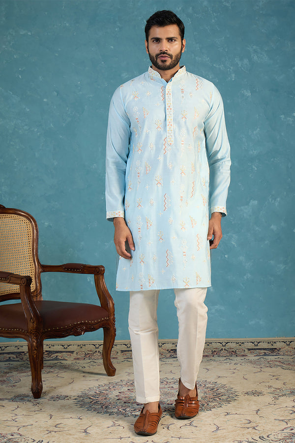 Silk Blend Blue Solid Embroidered Calf Length Straight Kurta MKU2141