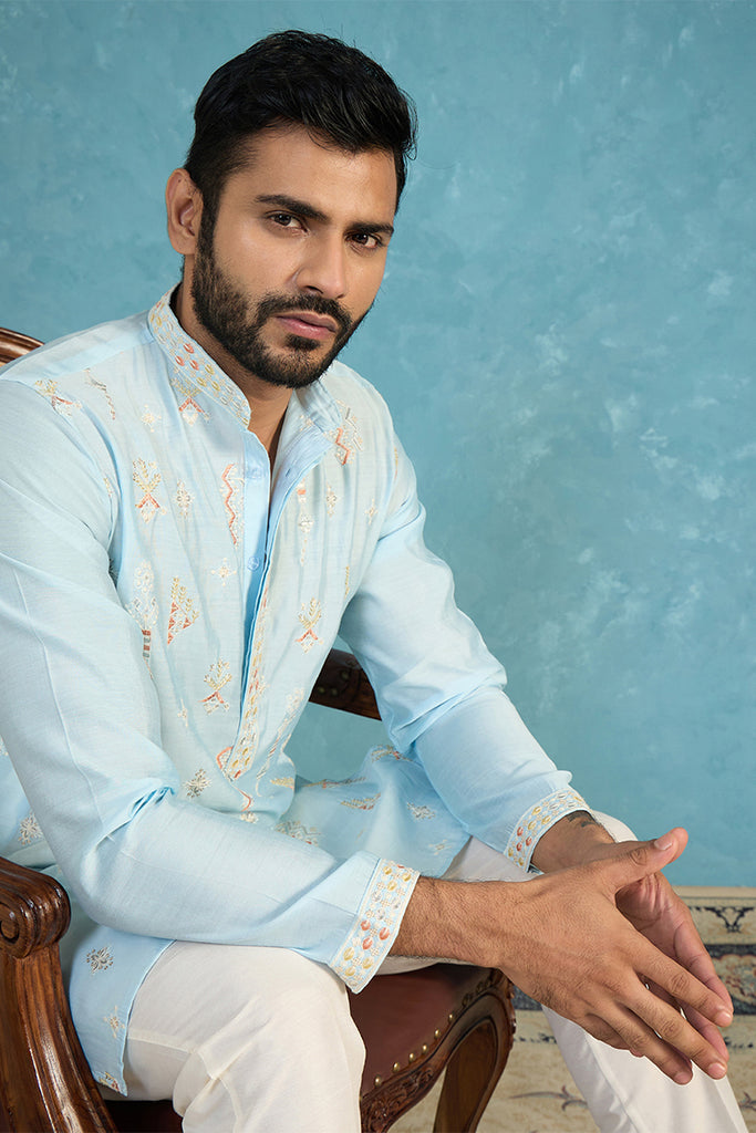 Silk Blend Blue Solid Embroidered Calf Length Straight Kurta MKU2141