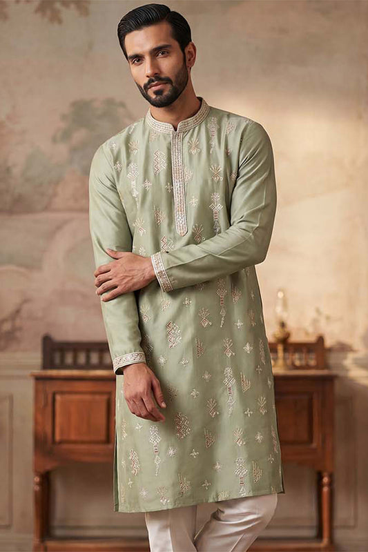 Green Silk Blend Solid Embroidered Kurta With Trousers MKSET2153