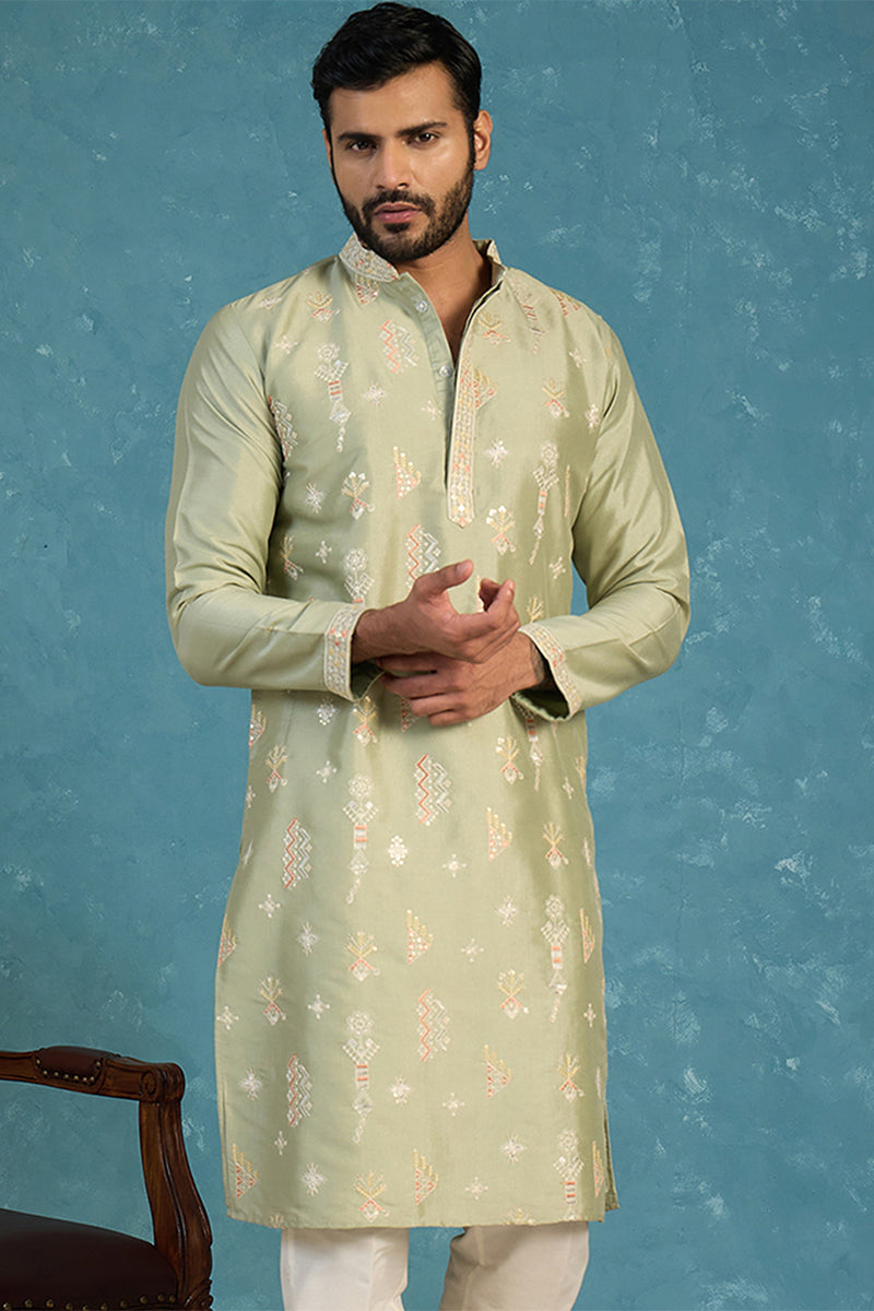 Green Silk Blend Solid Embroidered Kurta With Trousers MKSET2153