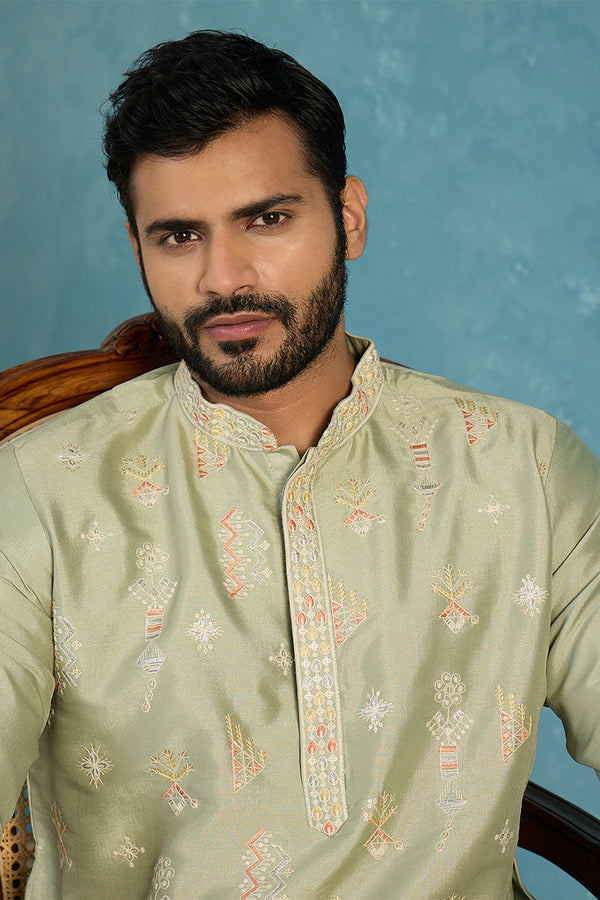Green Silk Blend Solid Embroidered Kurta With Trousers MKSET2153