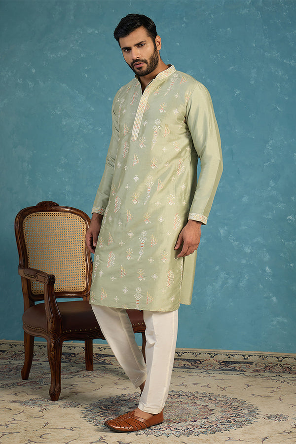 Green Silk Blend Solid Embroidered Kurta With Trousers MKSET2153