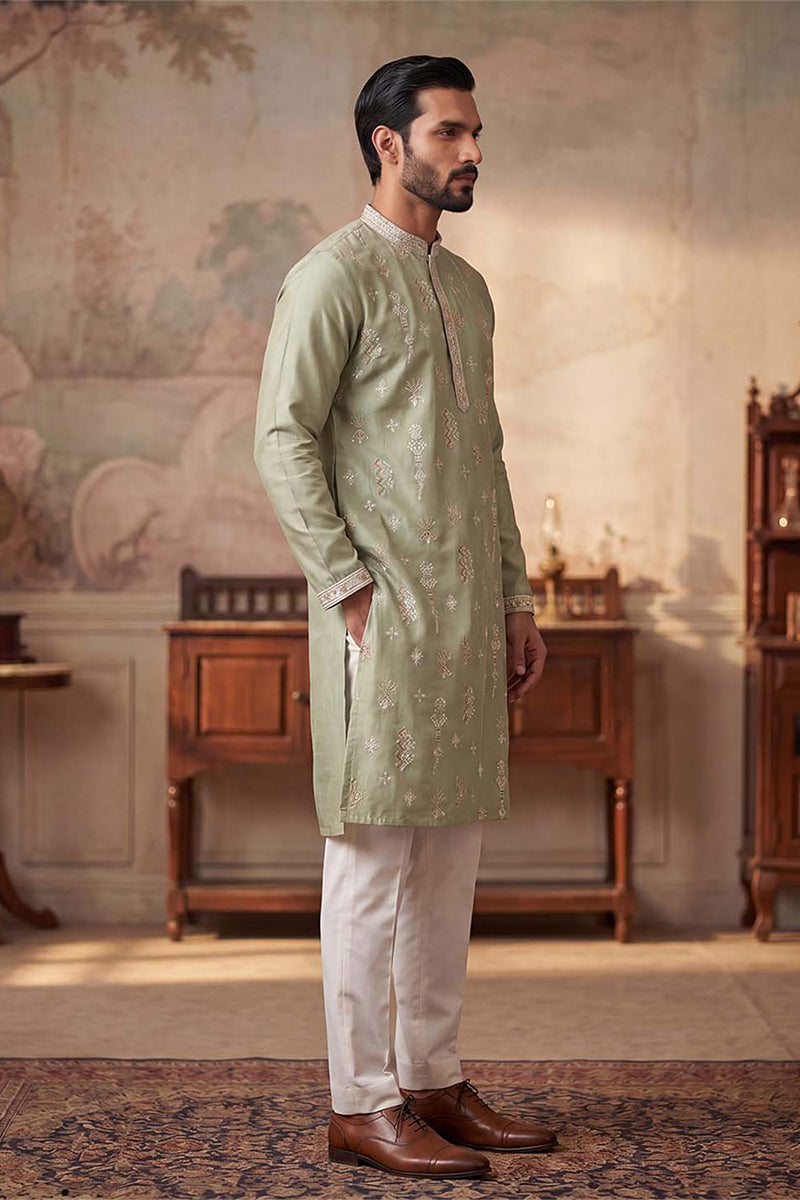Green Silk Blend Solid Embroidered Kurta With Trousers MKSET2153