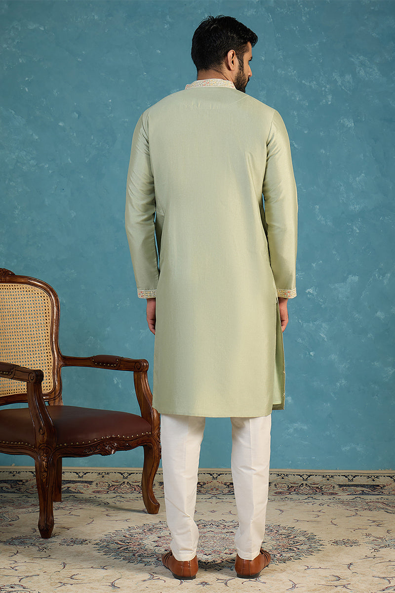Green Silk Blend Solid Embroidered Kurta With Trousers MKSET2153