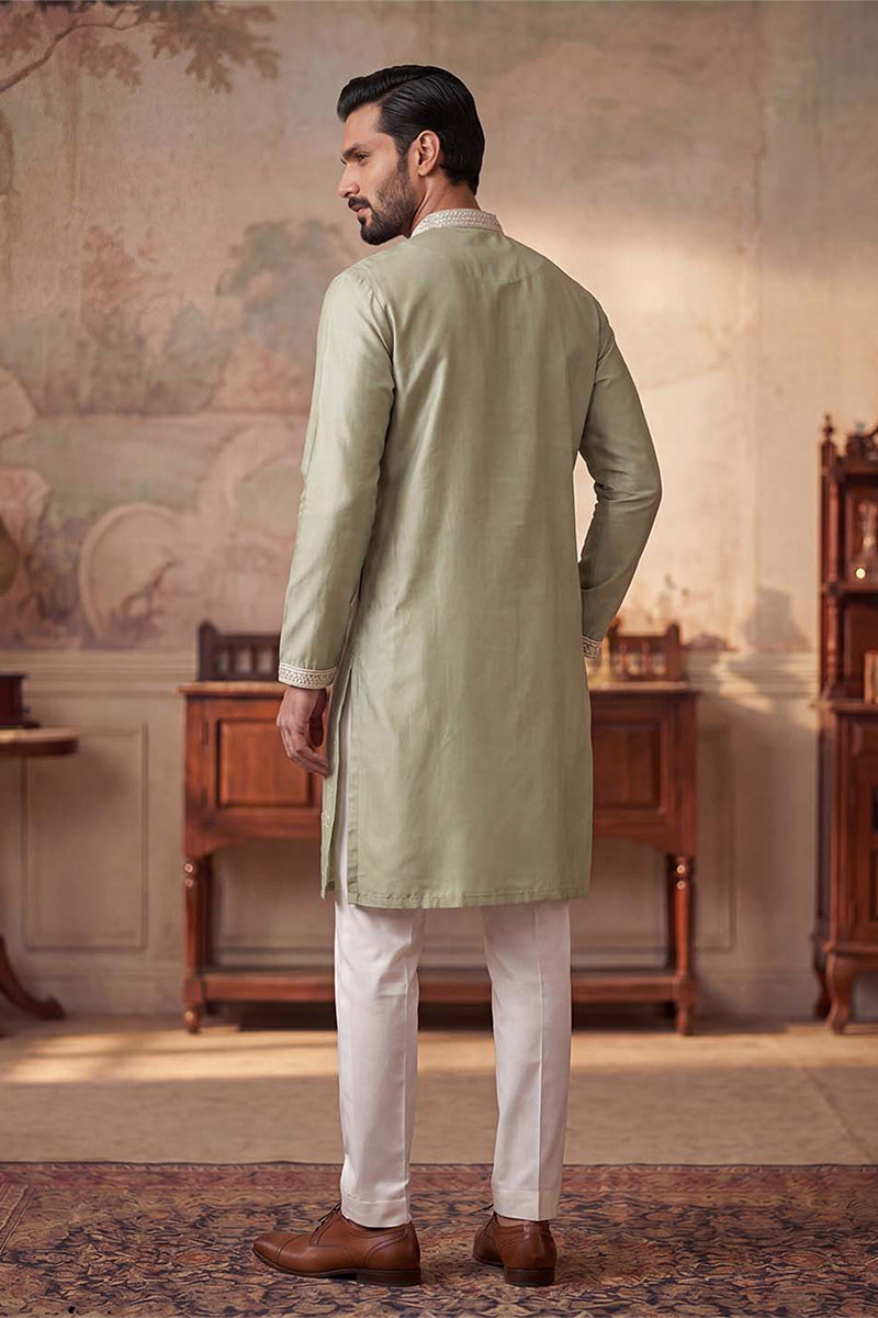 Green Silk Blend Solid Embroidered Kurta With Trousers MKSET2153