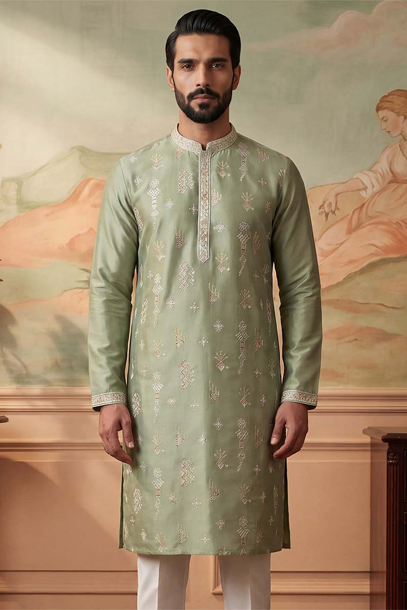 Green Silk Blend Solid Embroidered Kurta With Trousers MKSET2153
