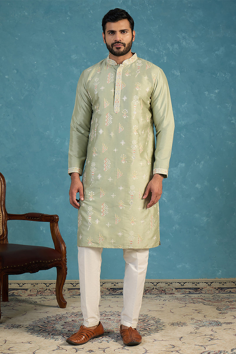 Green Silk Blend Solid Embroidered Kurta With Trousers MKSET2153