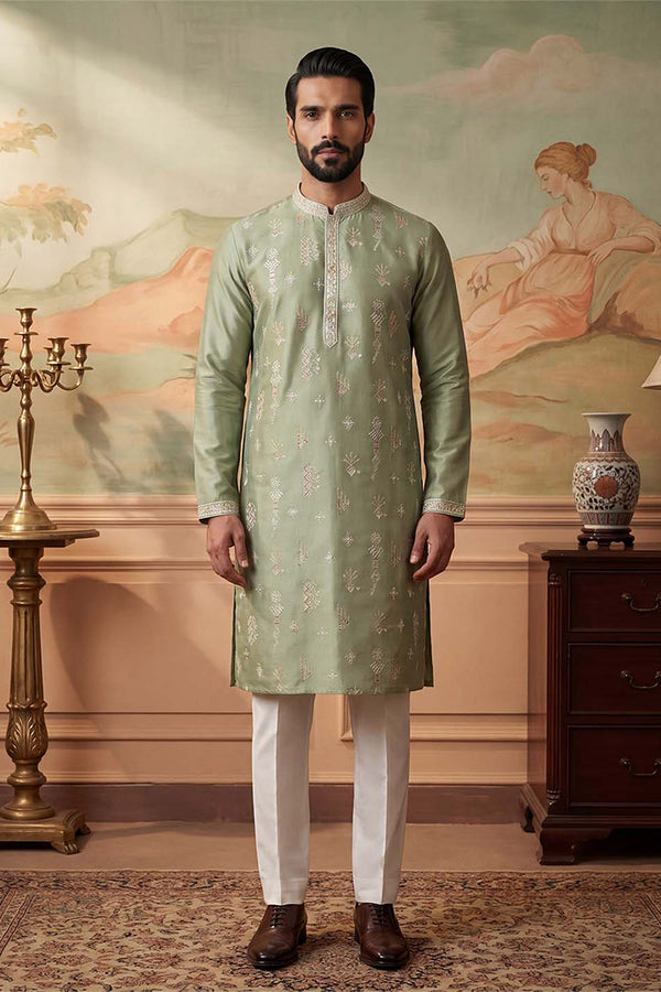 Green Silk Blend Solid Embroidered Kurta With Trousers MKSET2153