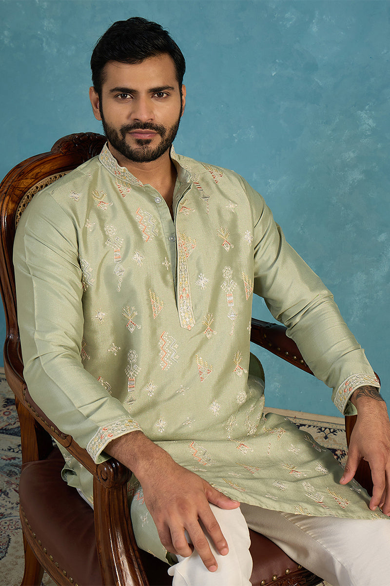 Green Silk Blend Solid Embroidered Kurta With Trousers MKSET2153
