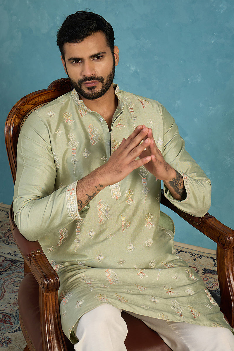 Green Silk Blend Solid Embroidered Kurta With Trousers MKSET2153
