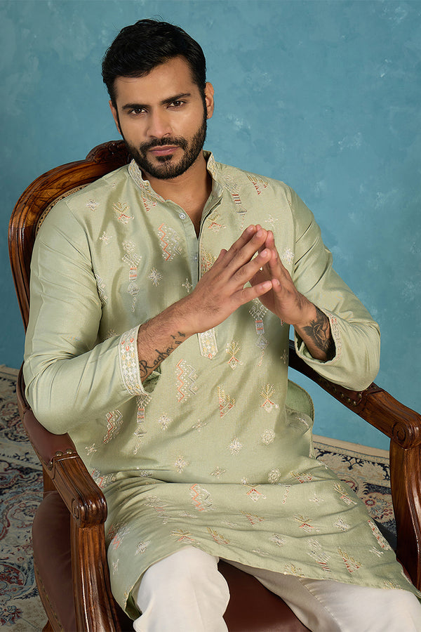 Green Silk Blend Solid Embroidered Kurta With Trousers MKSET2153