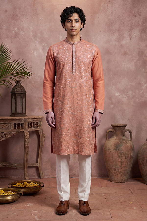 Peach Modal Embroidered Calf Length Straight Regular Kurta With Trouser MKSET2166