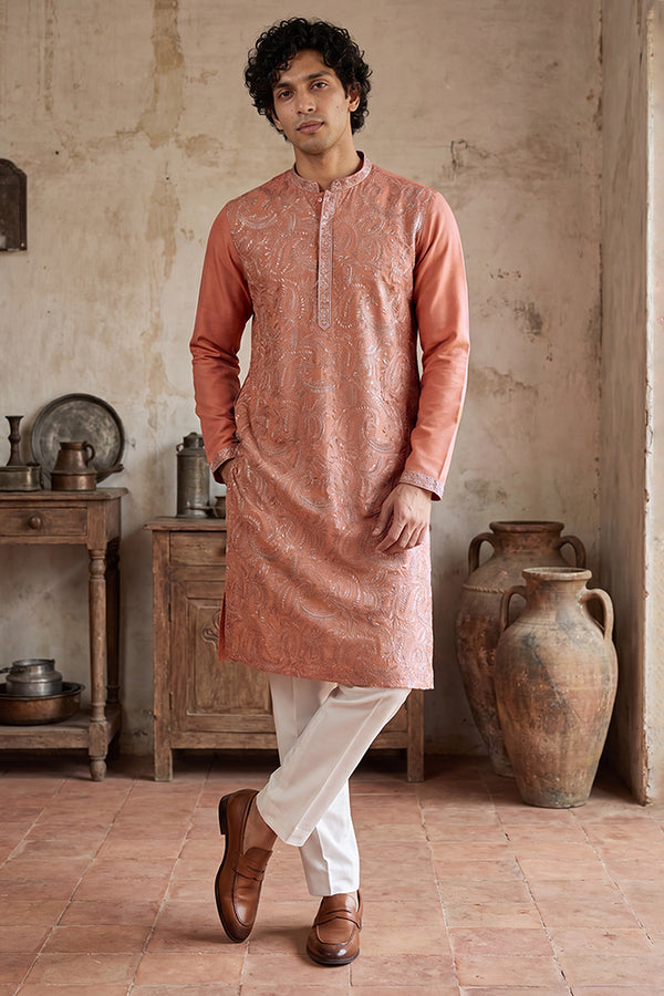Peach Modal Embroidered Calf Length Straight Regular Kurta With Trouser MKSET2166