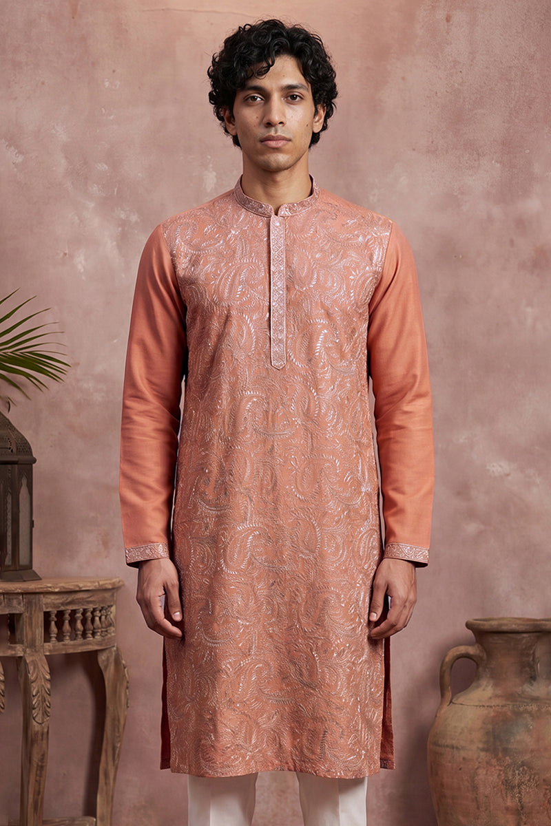 Peach Modal Embroidered Calf Length Straight Regular Kurta MKU2166