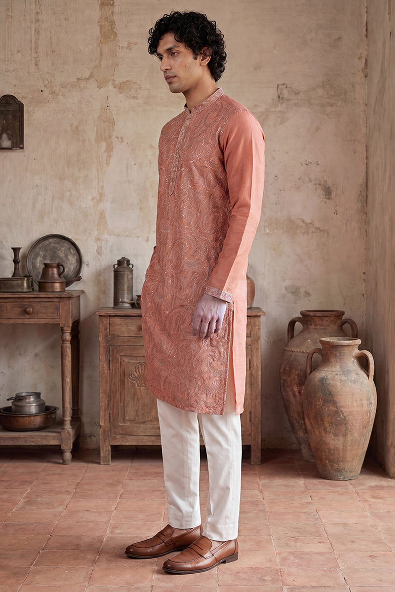 Peach Modal Embroidered Calf Length Straight Regular Kurta MKU2166