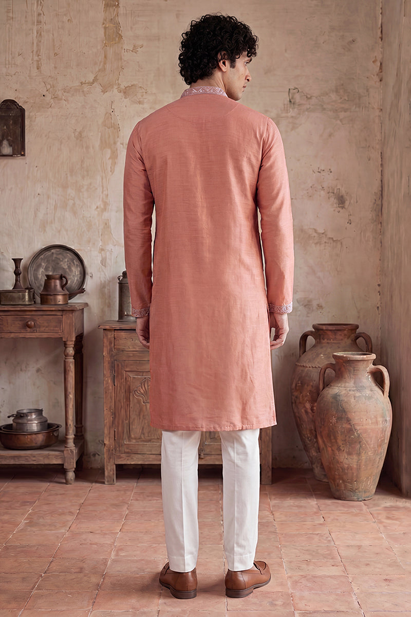 Peach Modal Embroidered Calf Length Straight Regular Kurta With Trouser MKSET2166