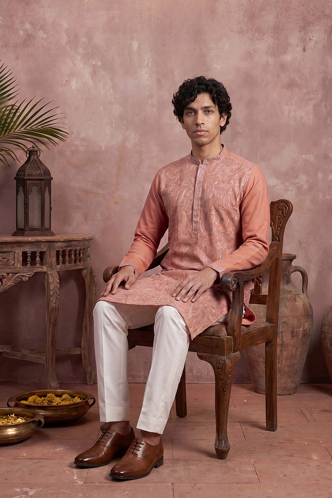 Peach Modal Embroidered Calf Length Straight Regular Kurta MKU2166