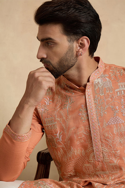 Peach Viscose Rayon Embroidered Straight Kurta MKU2169