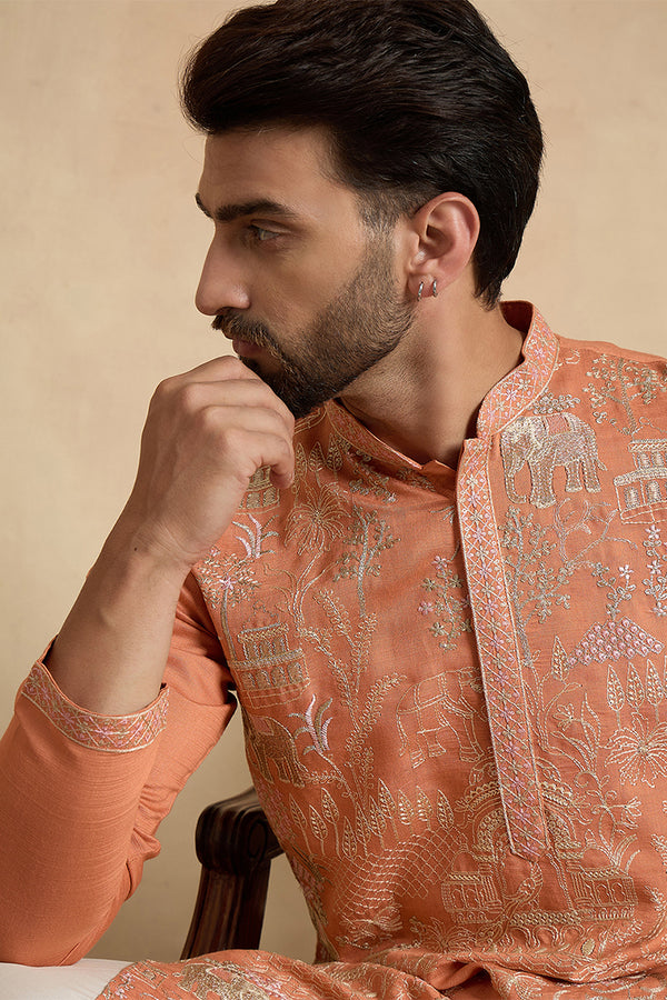 Peach Viscose Rayon Embroidered Straight Kurta With Trousers MKSET2169