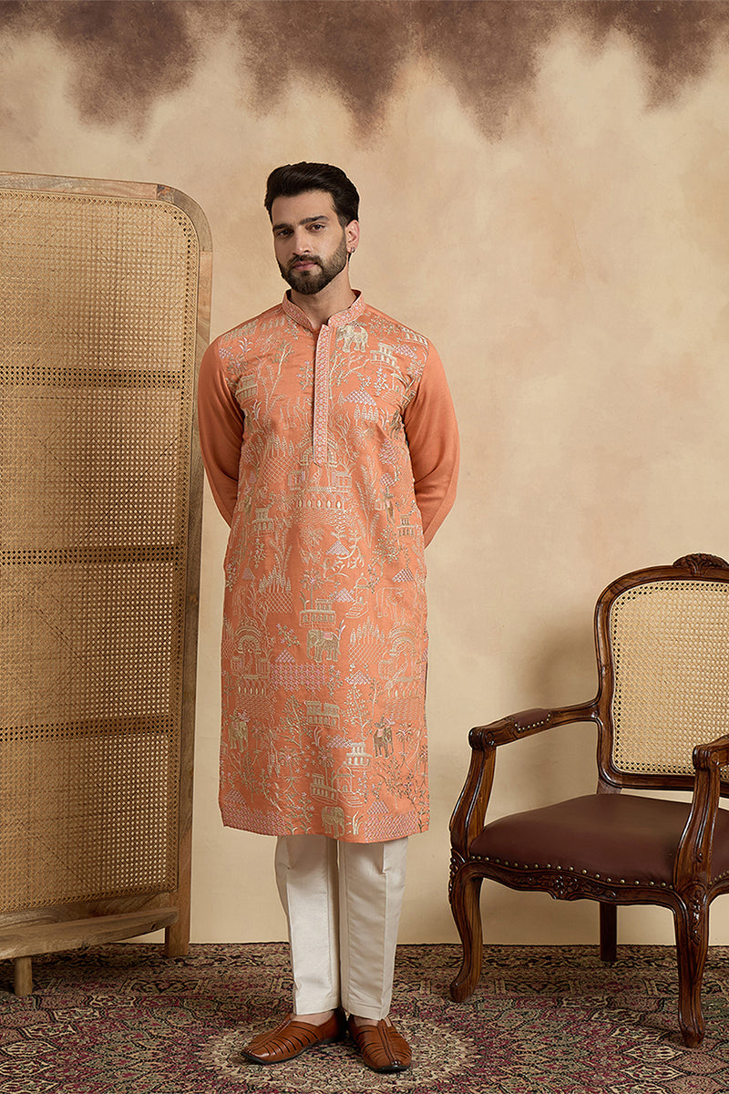 Peach Viscose Rayon Embroidered Straight Kurta With Trousers MKSET2169