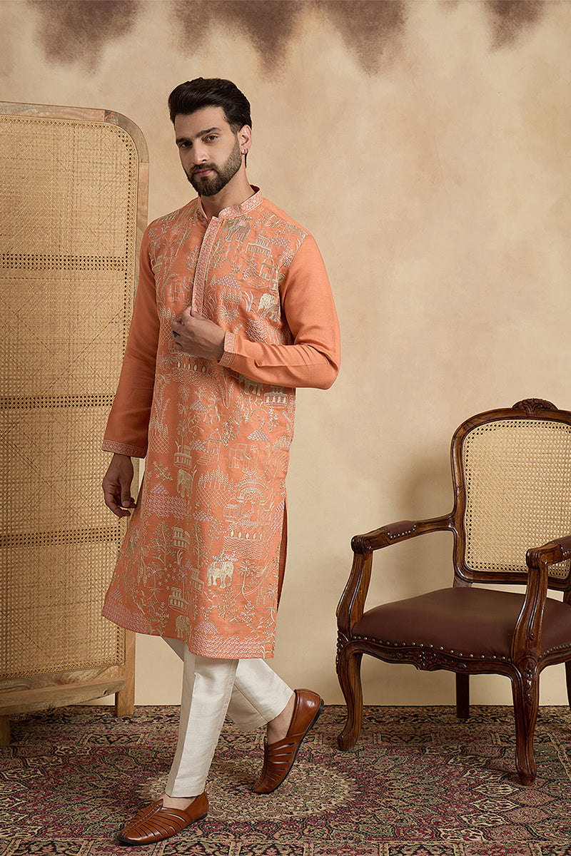 Peach Viscose Rayon Embroidered Straight Kurta With Trousers MKSET2169