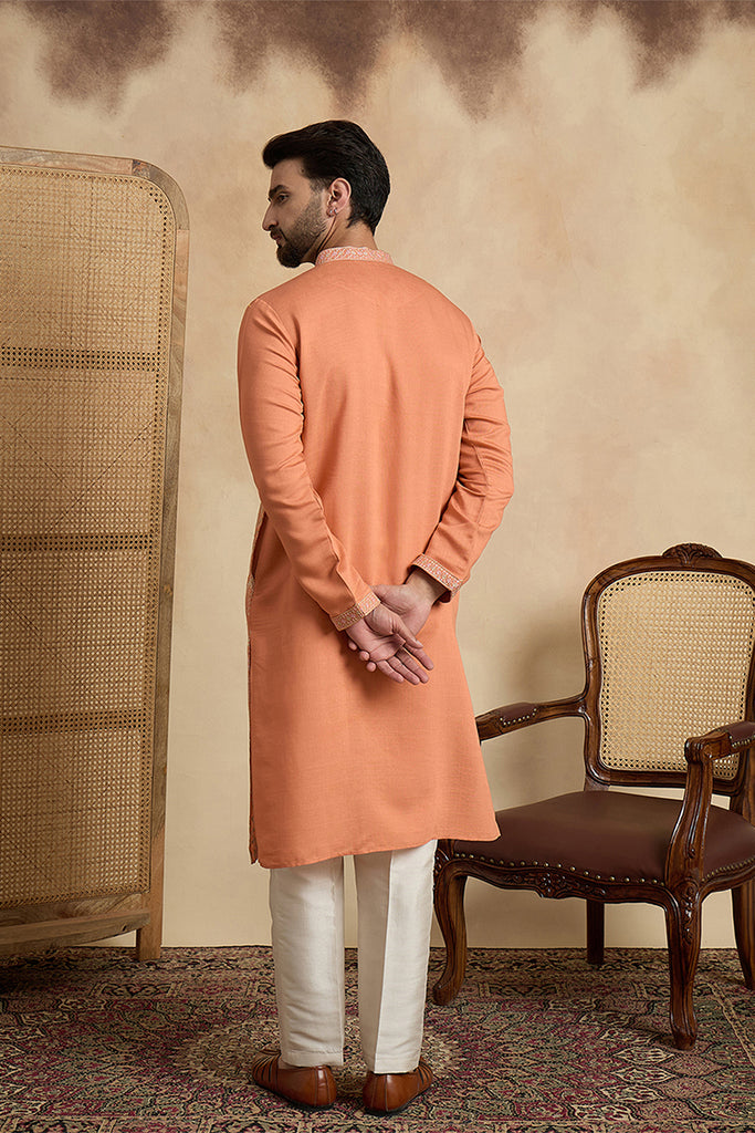 Peach Viscose Rayon Embroidered Straight Kurta With Trousers MKSET2169