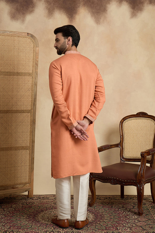 Peach Viscose Rayon Embroidered Straight Kurta With Trousers MKSET2169