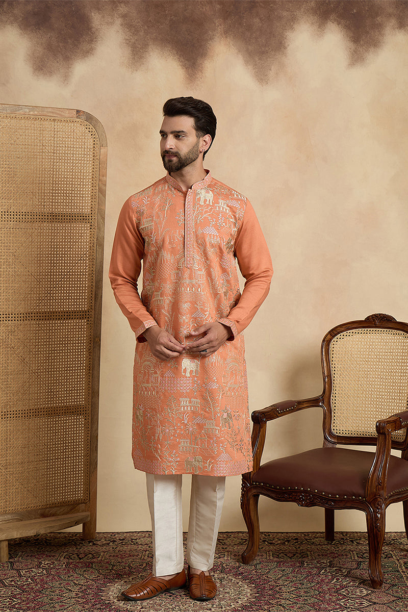 Peach Viscose Rayon Embroidered Straight Kurta With Trousers MKSET2169