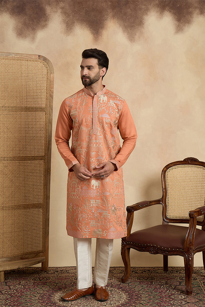 Peach Viscose Rayon Embroidered Straight Kurta With Trousers MKSET2169
