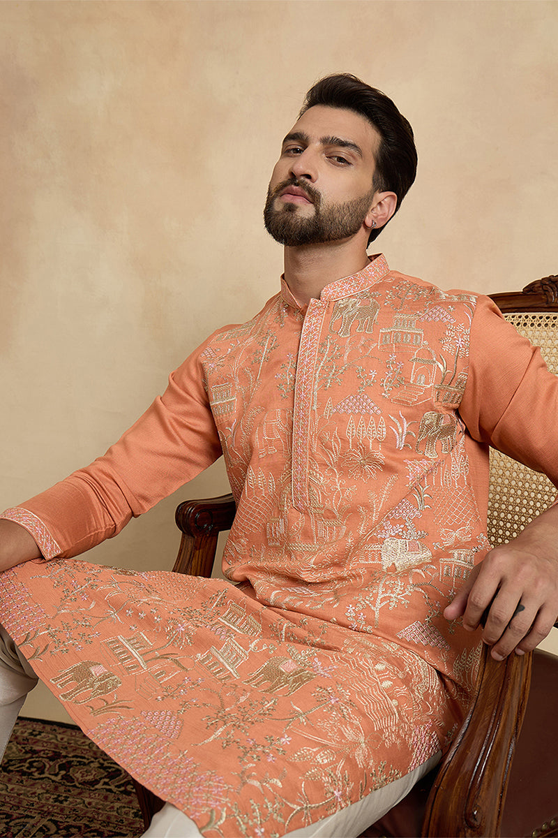 Peach Viscose Rayon Embroidered Straight Kurta With Trousers MKSET2169