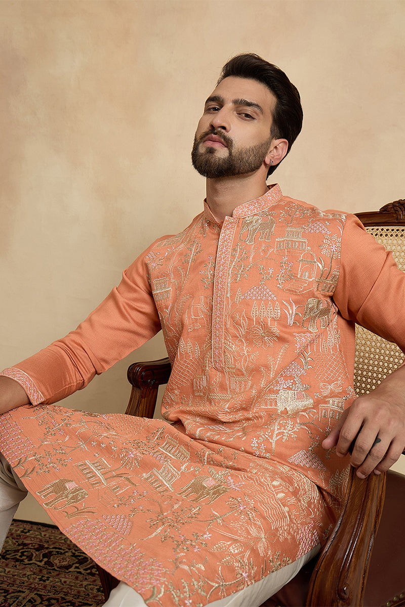 Peach Viscose Rayon Embroidered Straight Kurta With Trousers MKSET2169