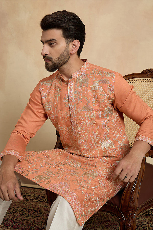 Peach Viscose Rayon Embroidered Straight Kurta With Trousers MKSET2169
