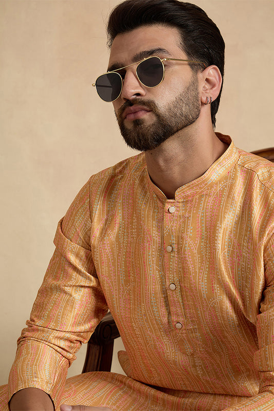 Yellow Silk Blend Printed Straight Kurta With Trousers MKSET2170