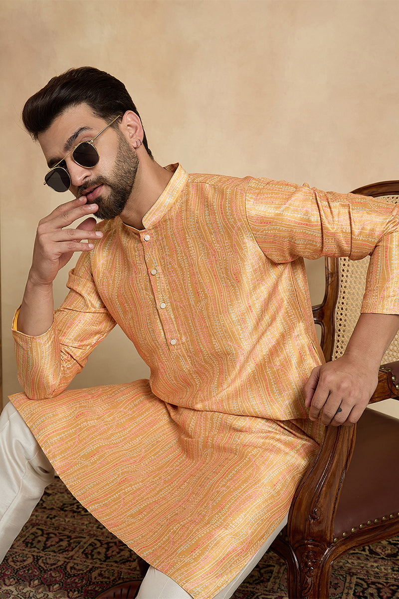 Yellow Silk Blend Printed Straight Kurta With Trousers MKSET2170