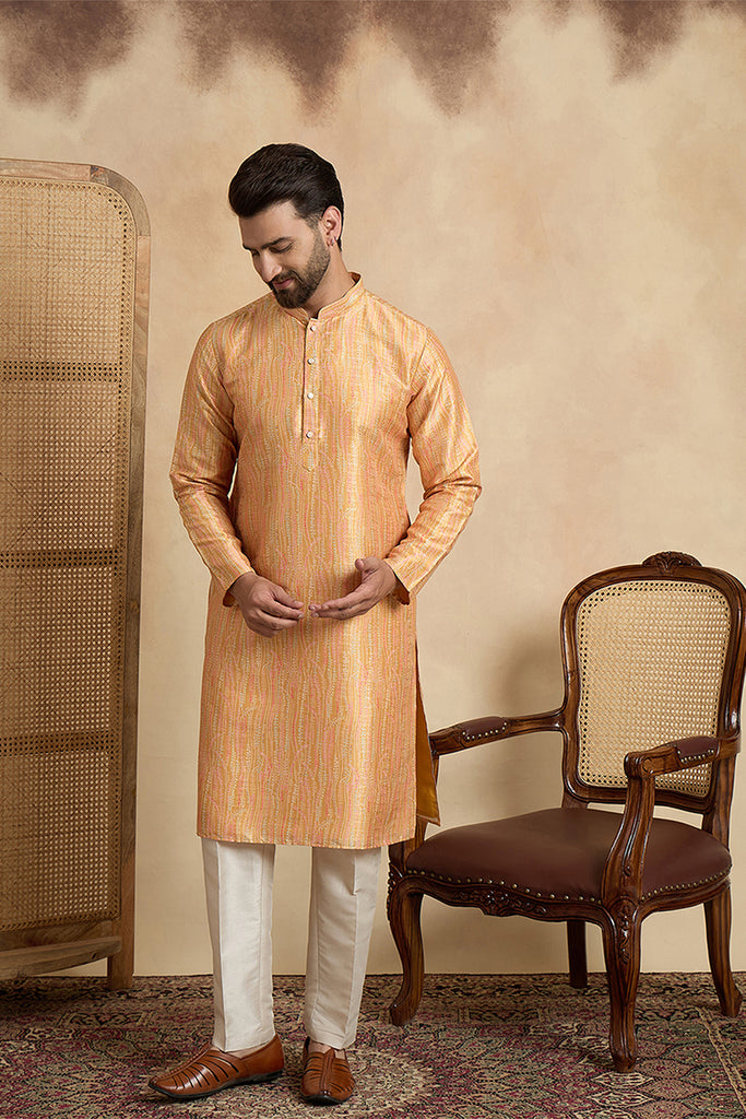 Yellow Silk Blend Printed Straight Kurta With Trousers MKSET2170