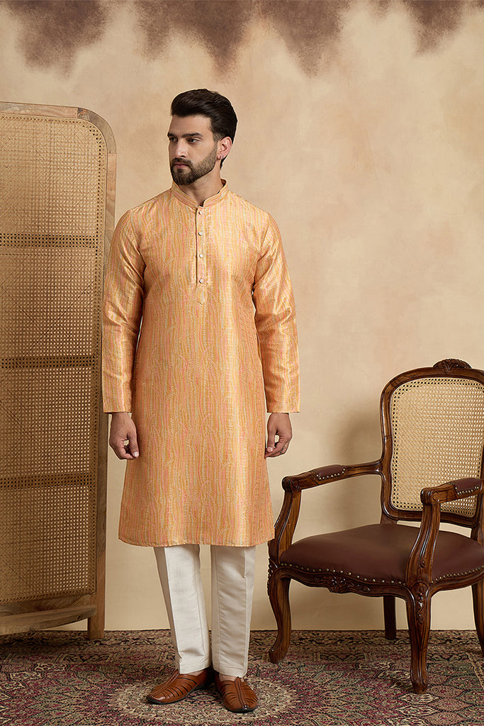 Yellow Silk Blend Printed Straight Kurta With Trousers MKSET2170