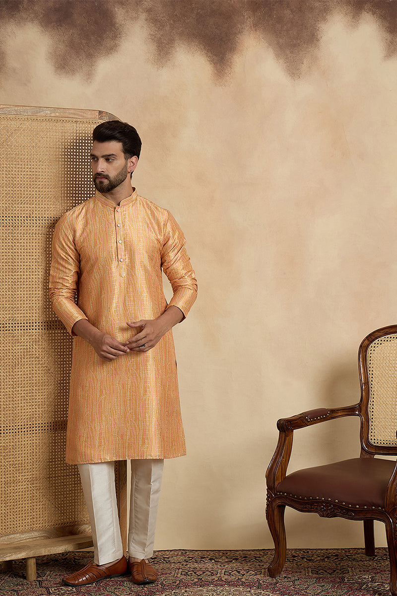 Yellow Silk Blend Printed Straight Kurta With Trousers MKSET2170