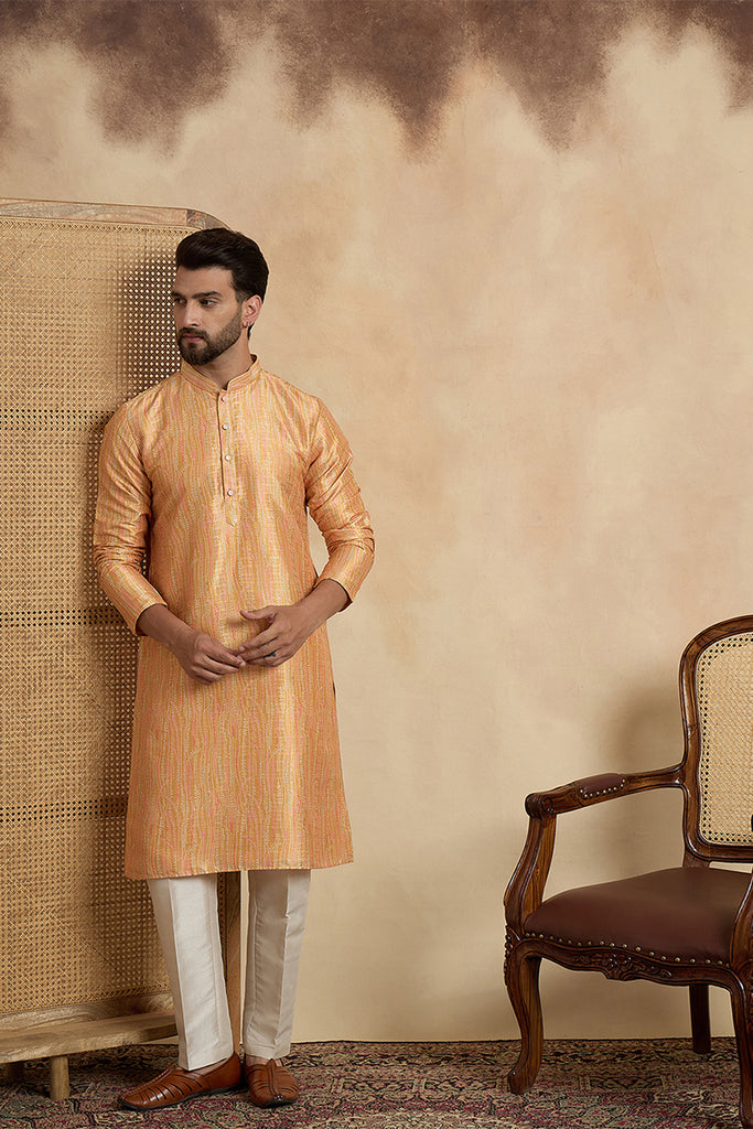 Yellow Silk Blend Printed Straight Kurta With Trousers MKSET2170