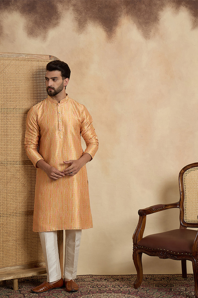 Yellow Silk Blend Printed Straight Kurta With Trousers MKSET2170