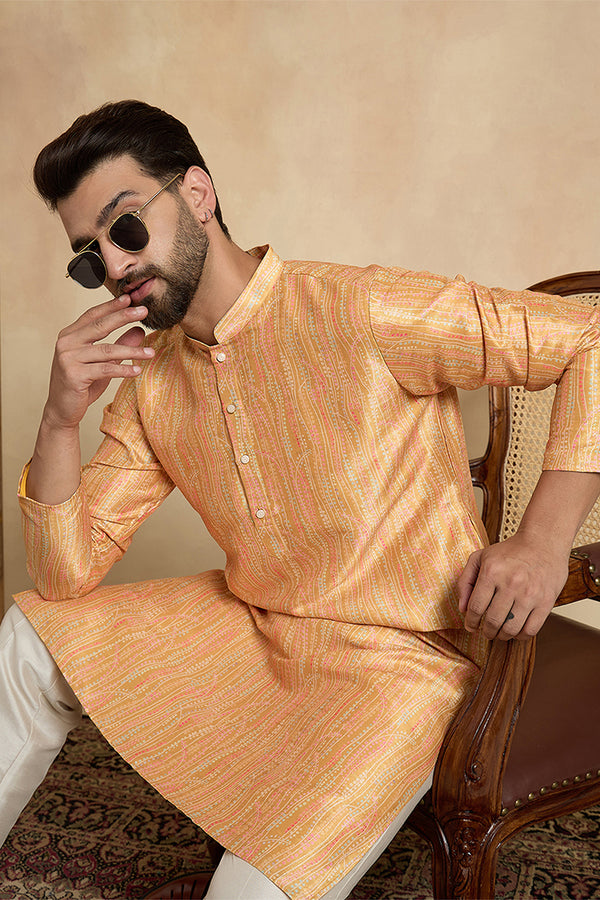 Yellow Silk Blend Printed Straight Kurta With Trousers MKSET2170