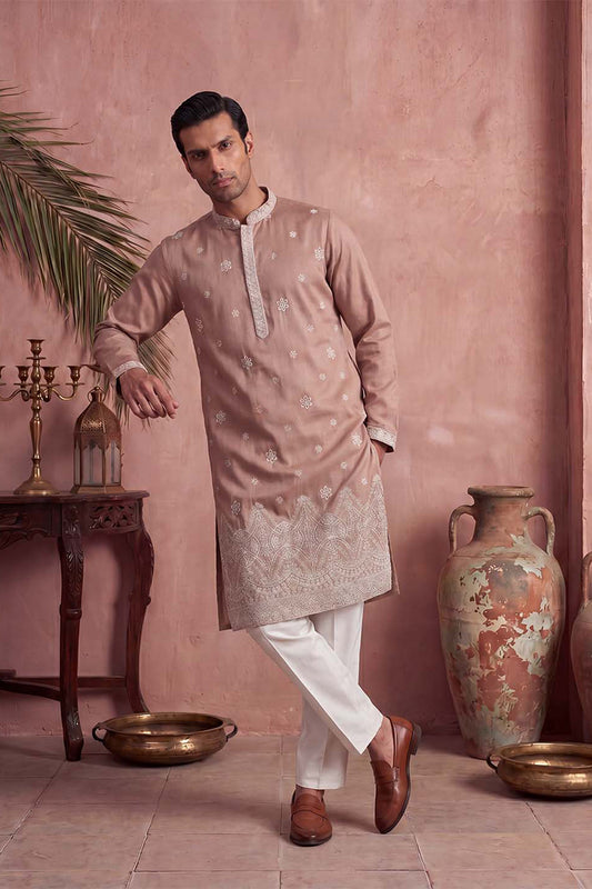 Pink Silk Blend Solid Embroidered Kurta MKU2173