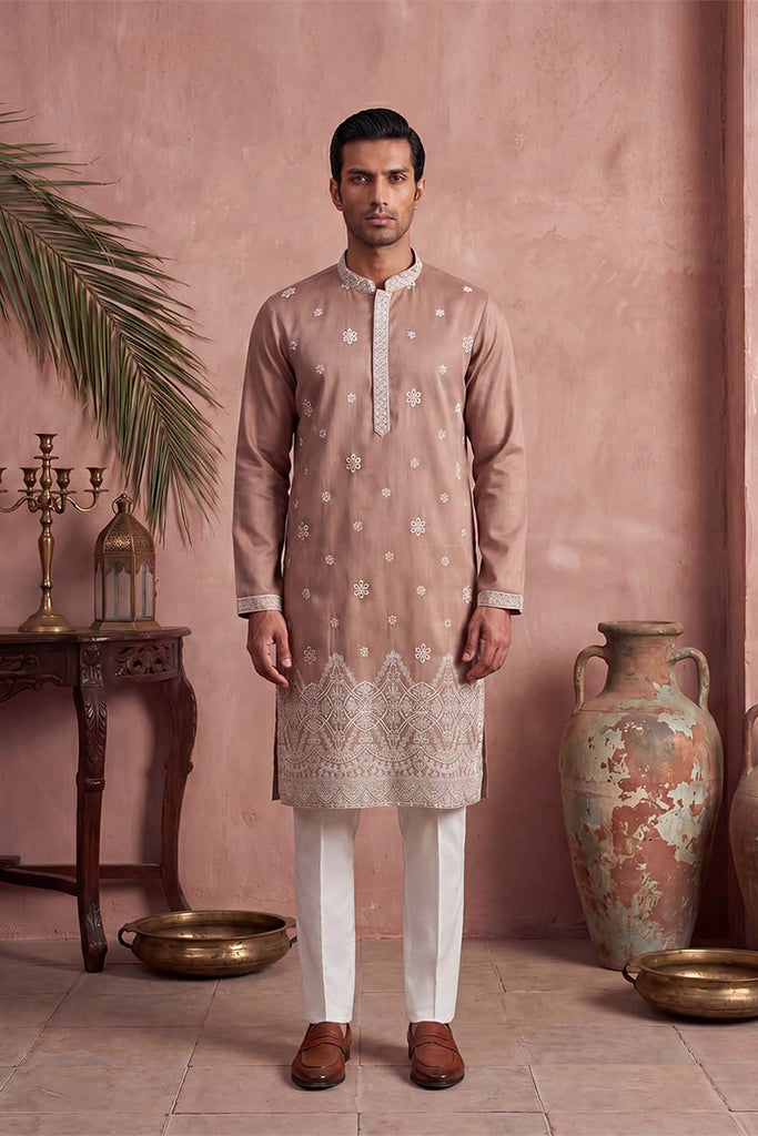 Pink Silk Blend Solid Embroidered Kurta With Trousers MKSET2173