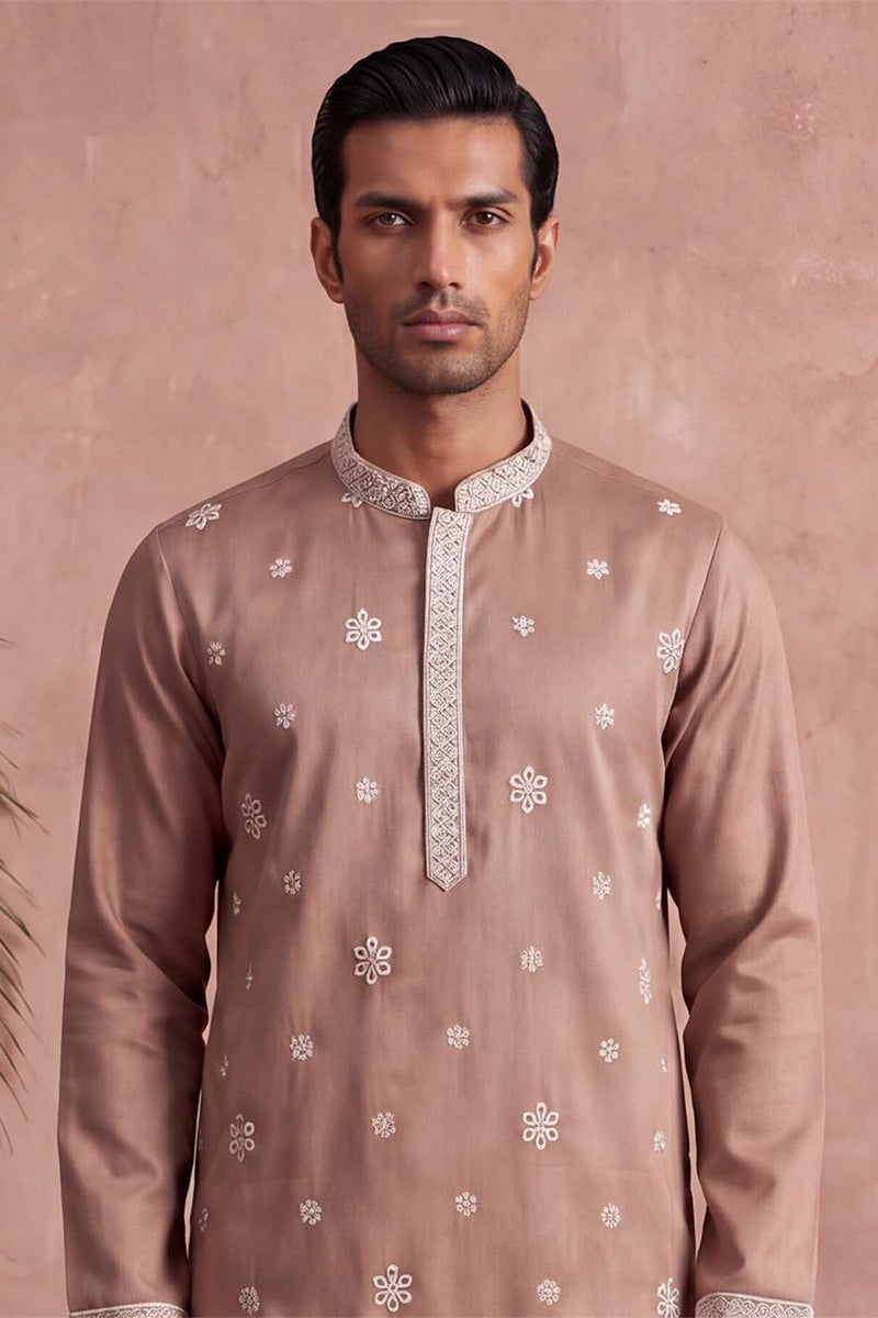Pink Silk Blend Solid Embroidered Kurta MKU2173