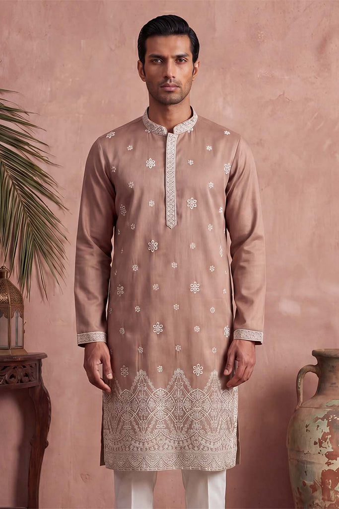 Pink Silk Blend Solid Embroidered Kurta MKU2173
